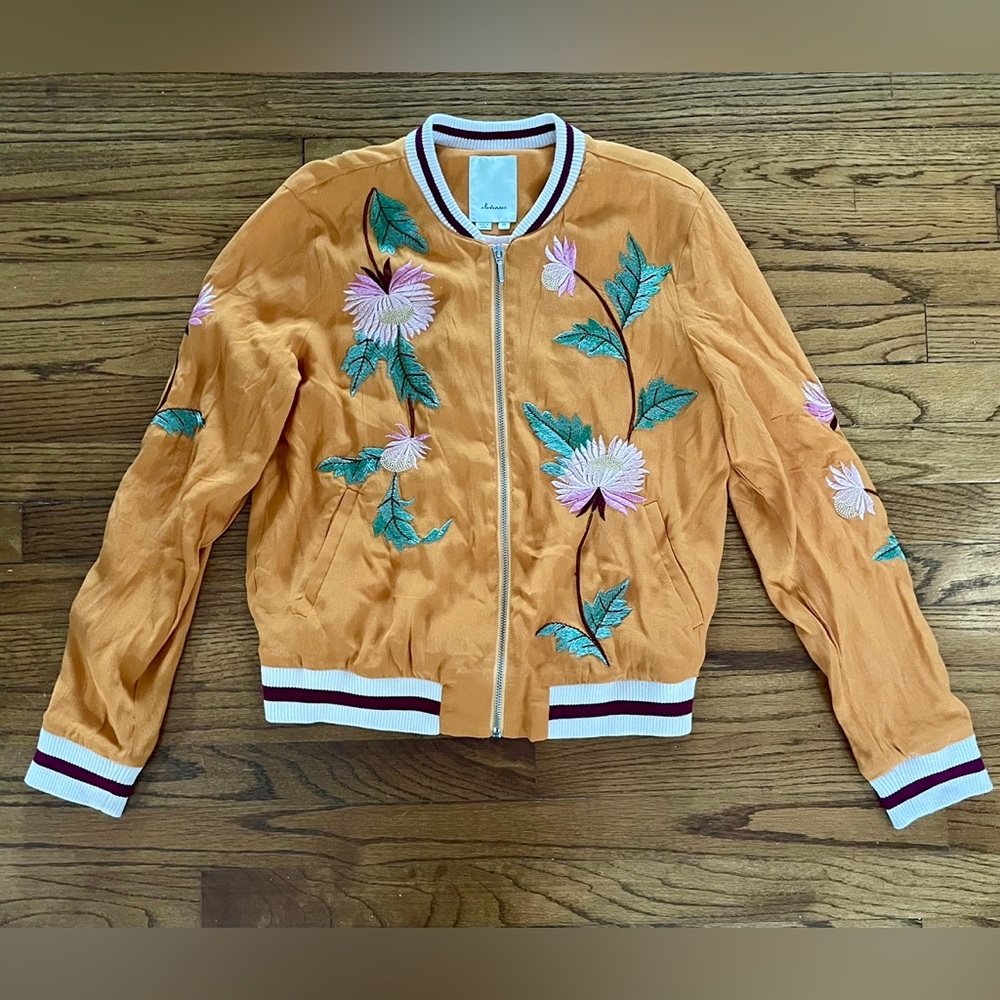 Anthropologie Elevenses Golden Yellow Floral Embroidered Zip Bomber Jacket XS - Picture 1 of 9